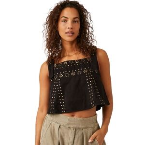Free People Rikki Studded Denim Cropped Tank Top Black Bronze Small